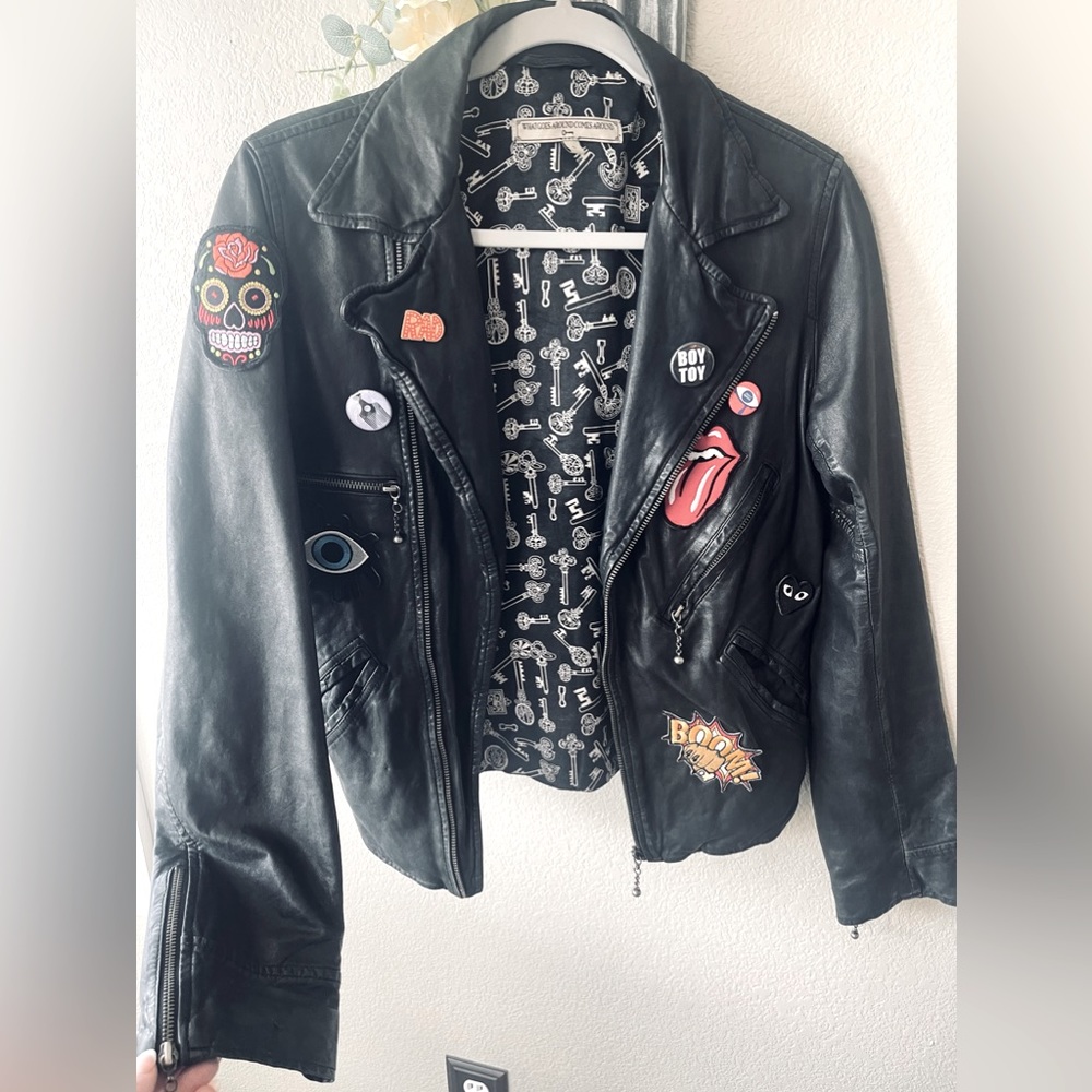 What goes around comes around black leather asymmetrical jacket